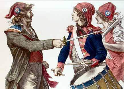 I Sansculottes, figura iconica della rivoluzione francese, indossando i berretti della libertà tipici degli ex schiavi e indossati durante i Saturnalia per sottolineare l'uguaglianza sociale